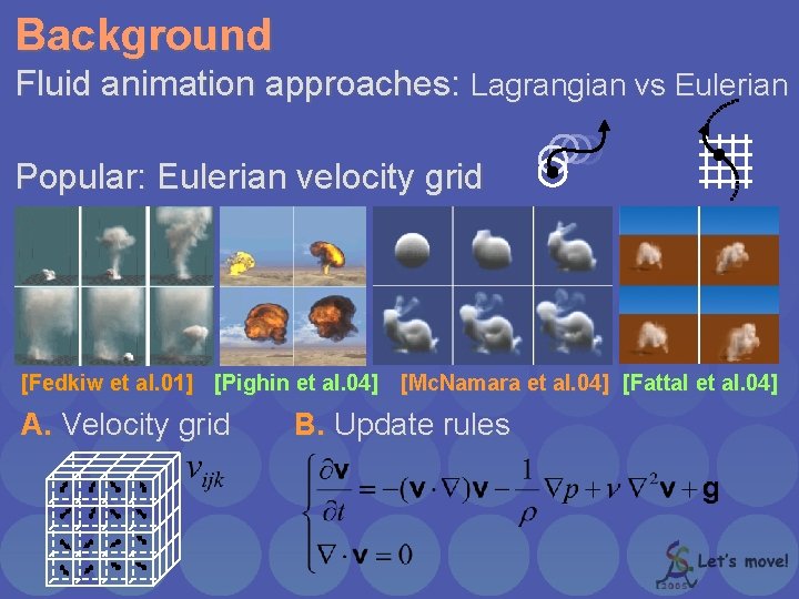 Background Fluid animation approaches: Lagrangian vs Eulerian Popular: Eulerian velocity grid [Fedkiw et al.