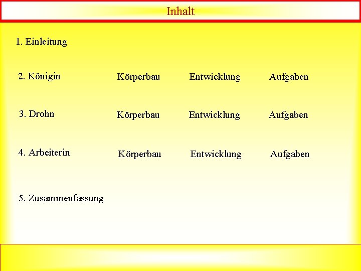 Inhalt 1. Einleitung 2. Königin Körperbau Entwicklung Aufgaben 3. Drohn Körperbau Entwicklung Aufgaben 4.