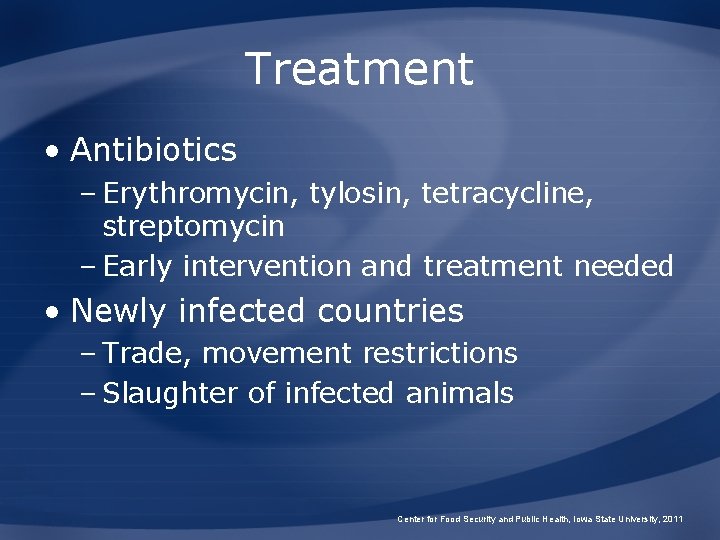 Treatment • Antibiotics – Erythromycin, tylosin, tetracycline, streptomycin – Early intervention and treatment needed