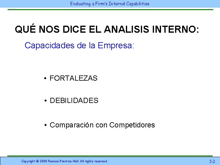 Evaluating a Firm’s Internal Capabilities QUÉ NOS DICE EL ANALISIS INTERNO: Capacidades de la