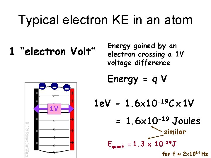 Typical electron KE in an atom 1 “electron Volt” - - 1 V Energy