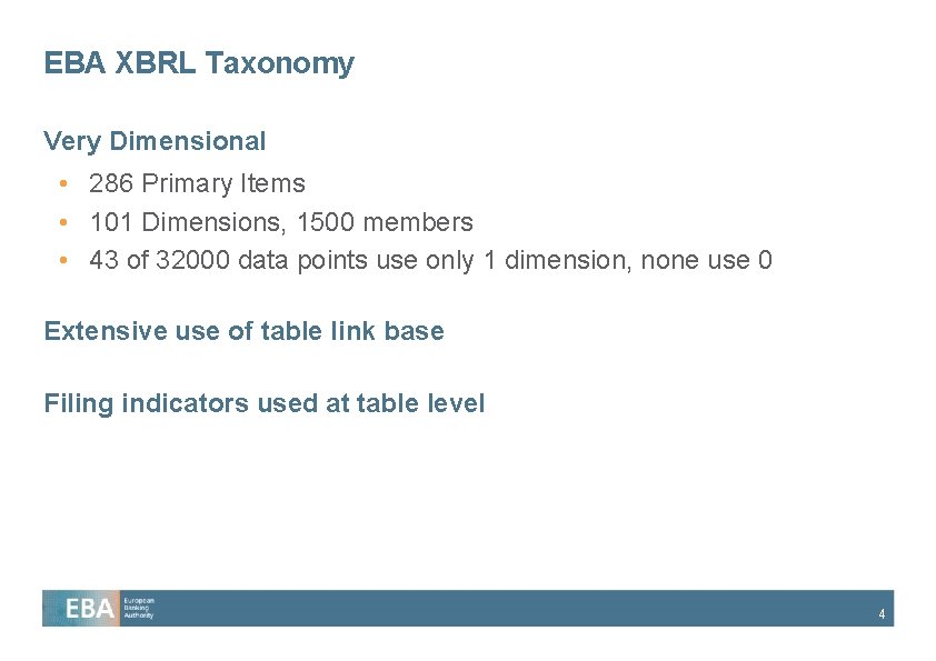 EBA XBRL Taxonomy Very Dimensional • 286 Primary Items • 101 Dimensions, 1500 members