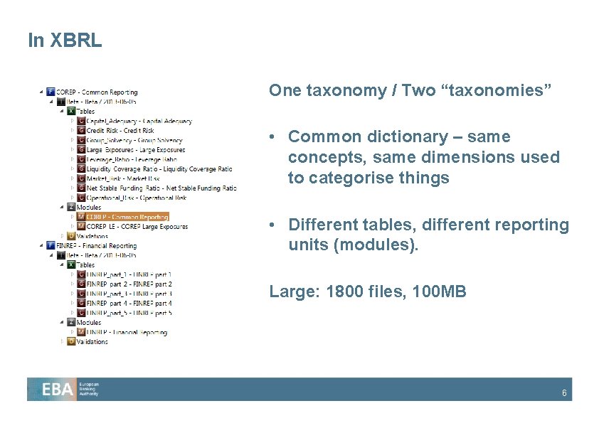 In XBRL One taxonomy / Two “taxonomies” • Common dictionary – same concepts, same