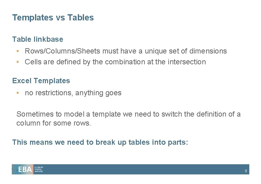 Templates vs Table linkbase • Rows/Columns/Sheets must have a unique set of dimensions •