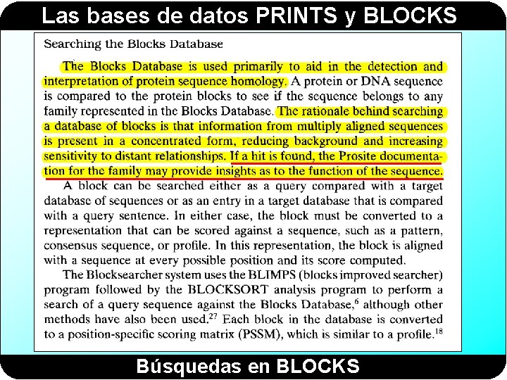 Las bases de datos PRINTS y BLOCKS Búsquedas en BLOCKS Las bases de datos PRINTS y BLOCKS Búsquedas en BLOCKS