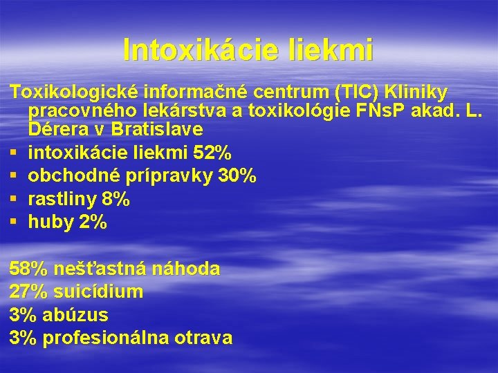 Intoxikácie liekmi Toxikologické informačné centrum (TIC) Kliniky pracovného lekárstva a toxikológie FNs. P akad.