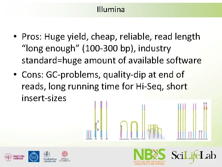 Illumina • Pros: Huge yield, cheap, reliable, read length “long enough” (100 -300 bp),