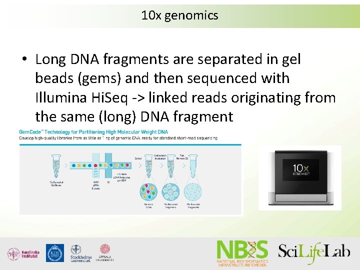 10 x genomics • Long DNA fragments are separated in gel beads (gems) and