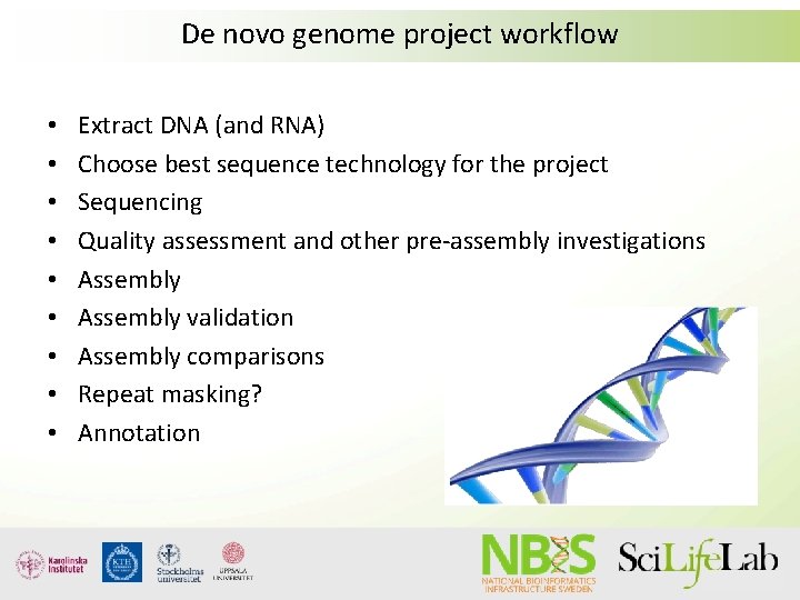 De novo genome project workflow • • • Extract DNA (and RNA) Choose best