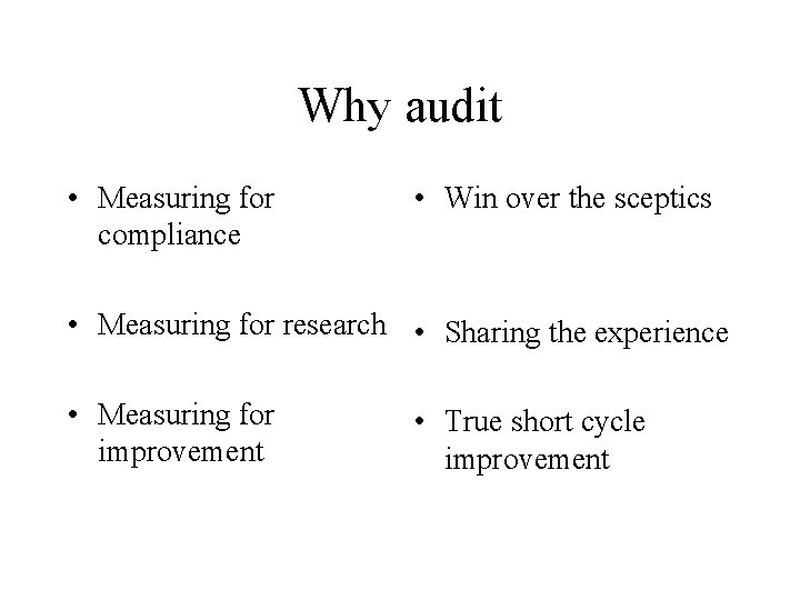 Why audit • Measuring for compliance • Win over the sceptics • Measuring for