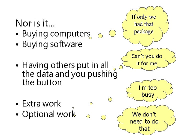 Nor is it… • Buying computers • Buying software • Having others put in