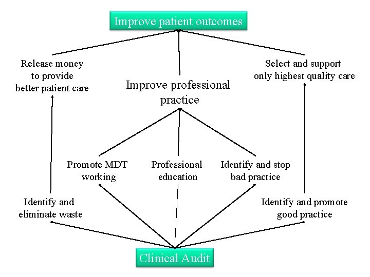 Improve patient outcomes Release money to provide better patient care Improve professional practice Promote