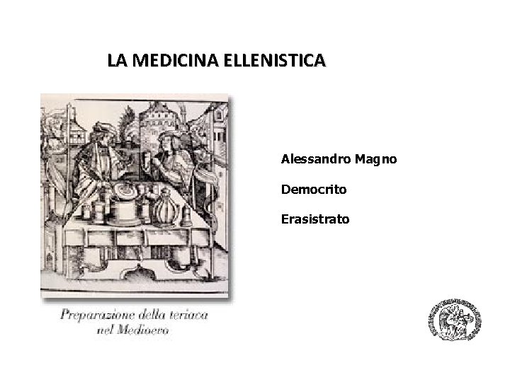 LA MEDICINA ELLENISTICA Alessandro Magno Democrito Erasistrato 