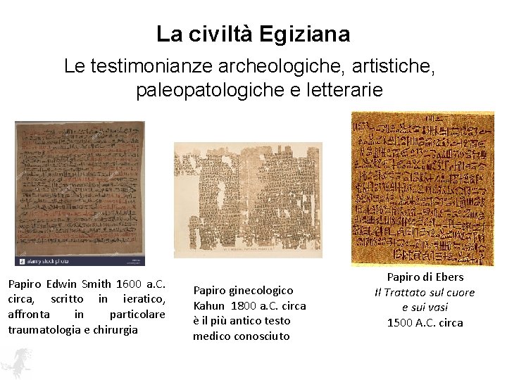 La civiltà Egiziana Le testimonianze archeologiche, artistiche, paleopatologiche e letterarie Papiro Edwin Smith 1600