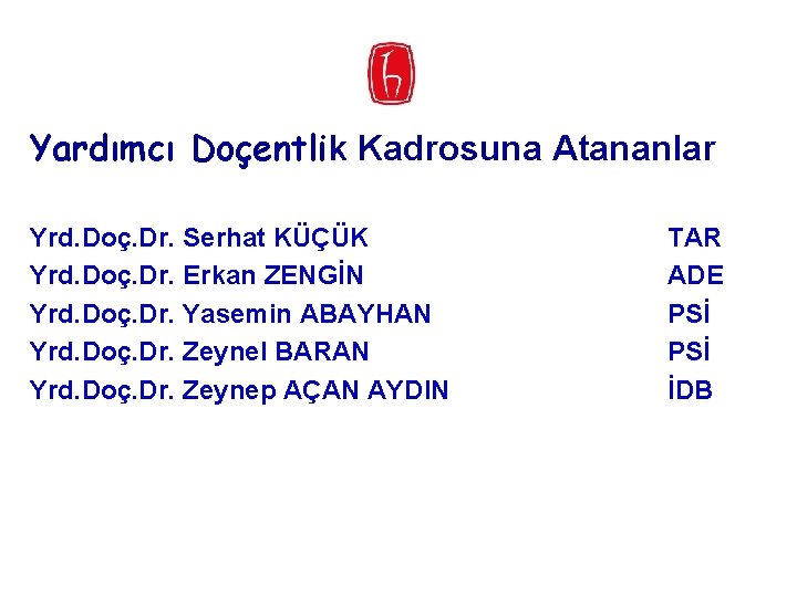 Yardımcı Doçentlik Kadrosuna Atananlar Yrd. Doç. Dr. Serhat KÜÇÜK Yrd. Doç. Dr. Erkan ZENGİN