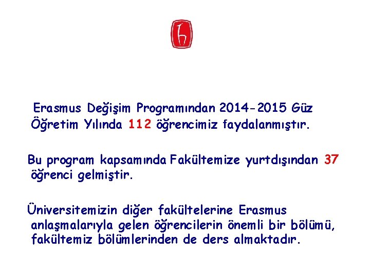 Erasmus Değişim Programından 2014 -2015 Güz Öğretim Yılında 112 öğrencimiz faydalanmıştır. Bu program kapsamında