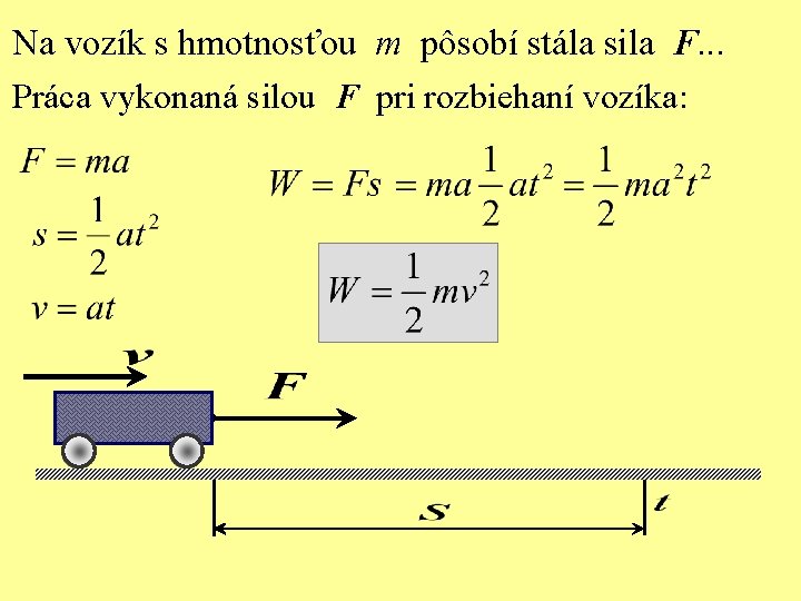 Na vozík s hmotnosťou m pôsobí stála sila F. . . Práca vykonaná silou