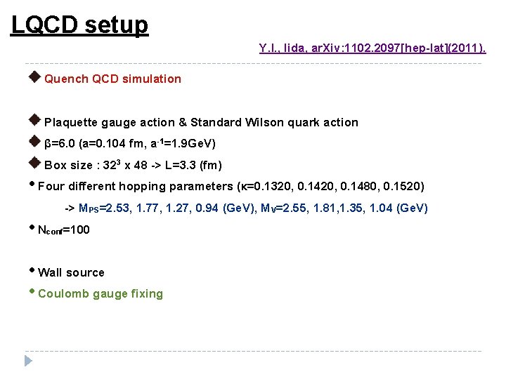 LQCD setup Y. I. , Iida, ar. Xiv: 1102. 2097[hep-lat](2011). Quench QCD simulation Plaquette