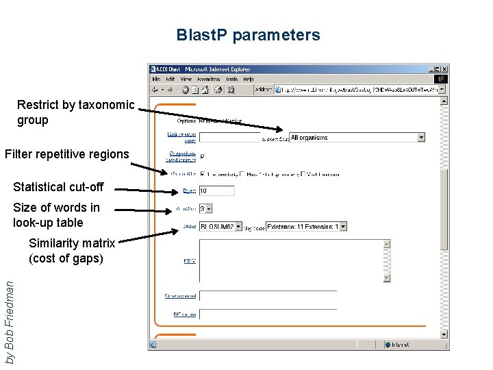 Blast. P parameters Restrict by taxonomic group Filter repetitive regions Statistical cut-off Size of
