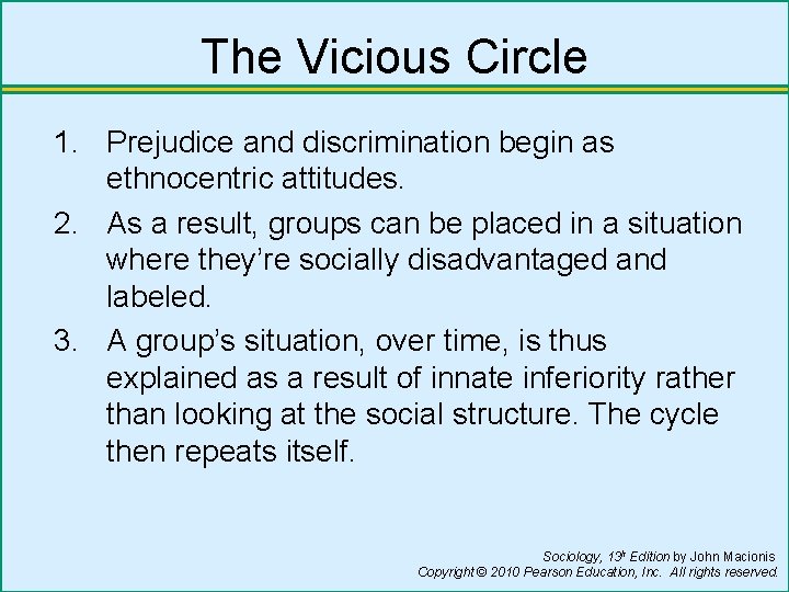 The Vicious Circle 1. Prejudice and discrimination begin as ethnocentric attitudes. 2. As a