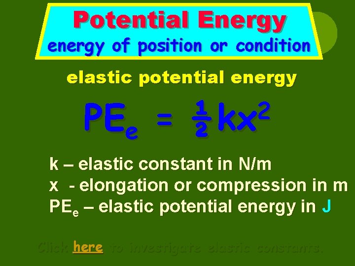 Potential Energy energy of position or condition elastic potential energy PEe = 2 ½