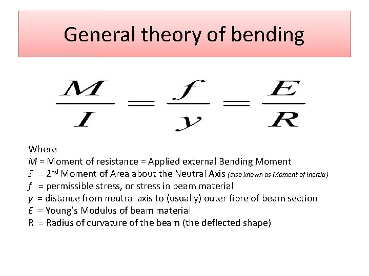 General theory of bending Where M = Moment of resistance = Applied external Bending