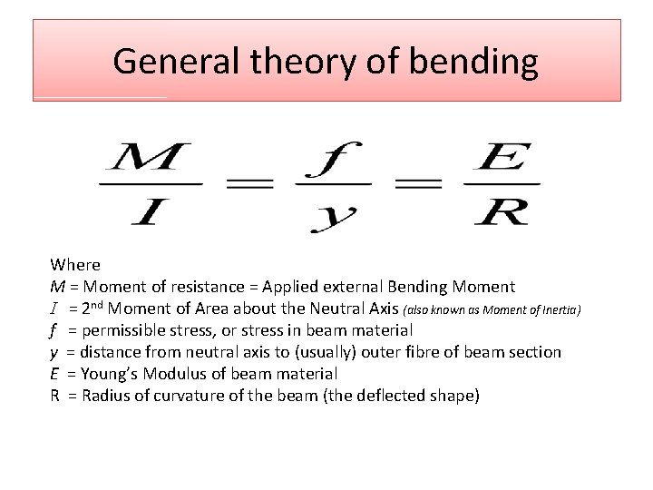 General theory of bending Where M = Moment of resistance = Applied external Bending General theory of bending Where M = Moment of resistance = Applied external Bending