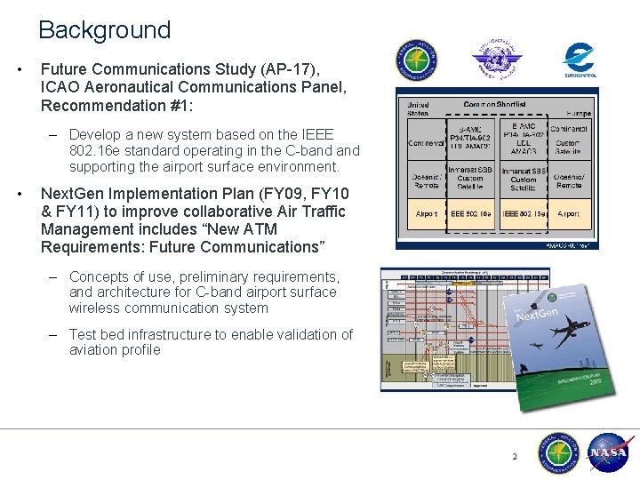 Background • Future Communications Study (AP-17), ICAO Aeronautical Communications Panel, Recommendation #1: – Develop