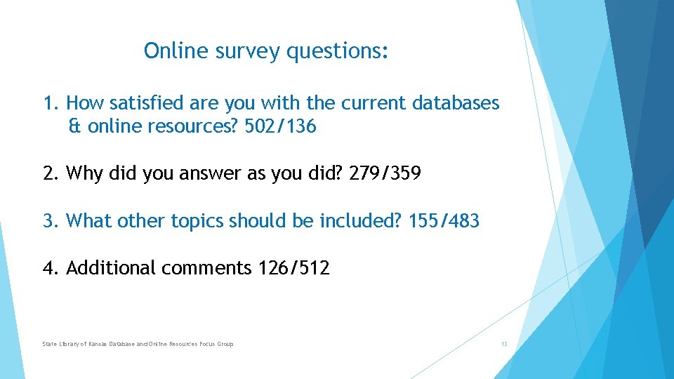 Online survey questions: 1. How satisfied are you with the current databases & online