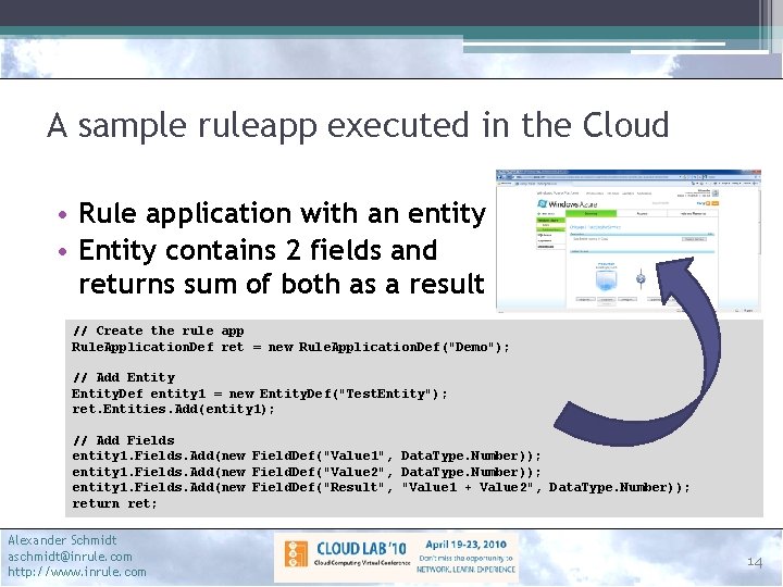 A sample ruleapp executed in the Cloud • Rule application with an entity •