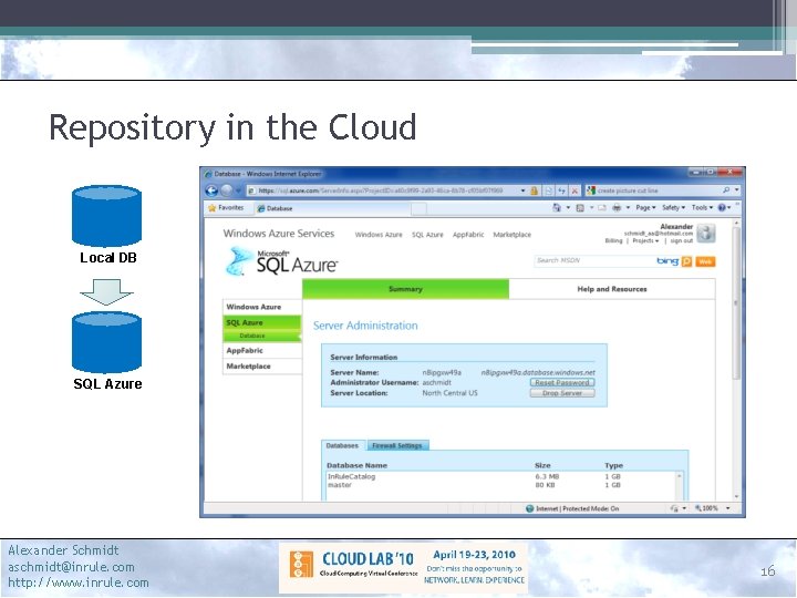Repository in the Cloud Local DB SQL Azure Alexander Schmidt aschmidt@inrule. com http: //www.
