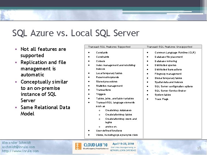 SQL Azure vs. Local SQL Server • Not all features are supported • Replication