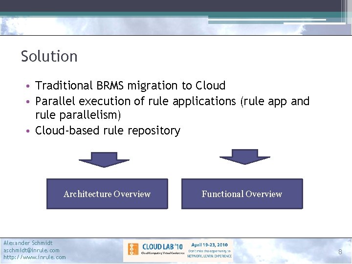 Solution • Traditional BRMS migration to Cloud • Parallel execution of rule applications (rule
