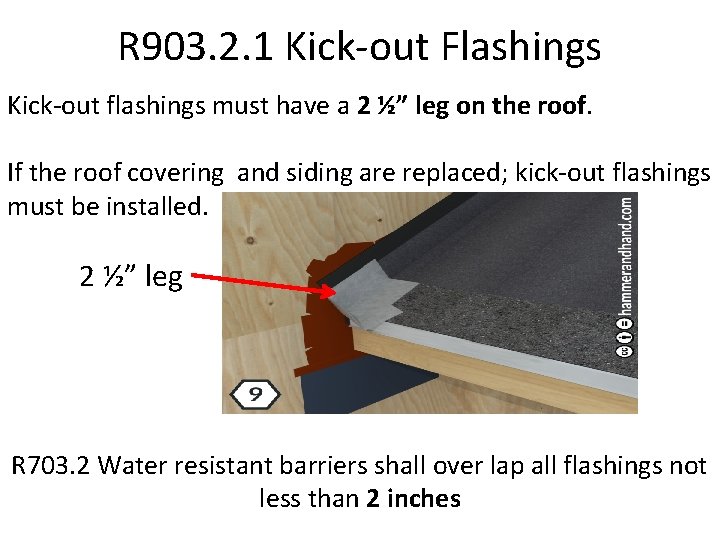 R 903. 2. 1 Kick-out Flashings Kick-out flashings must have a 2 ½” leg