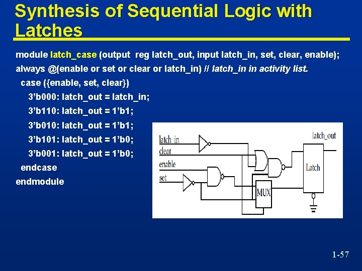 Synthesis of Sequential Logic with Latches module latch_case (output reg latch_out, input latch_in, set,