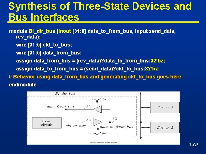 Synthesis of Three-State Devices and Bus Interfaces module Bi_dir_bus (inout [31: 0] data_to_from_bus, input