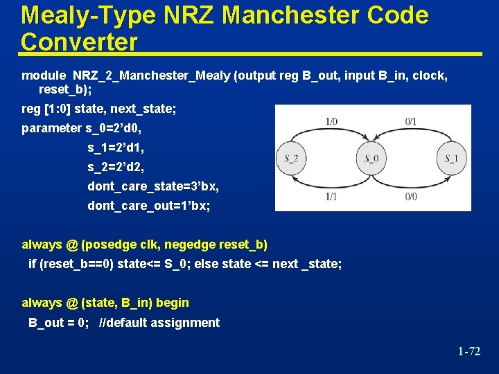 Mealy-Type NRZ Manchester Code Converter module NRZ_2_Manchester_Mealy (output reg B_out, input B_in, clock, reset_b);