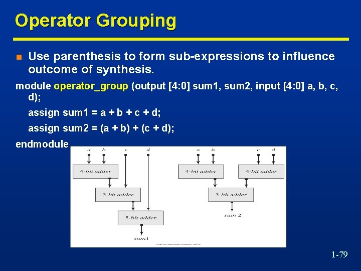 Operator Grouping n Use parenthesis to form sub-expressions to influence outcome of synthesis. module