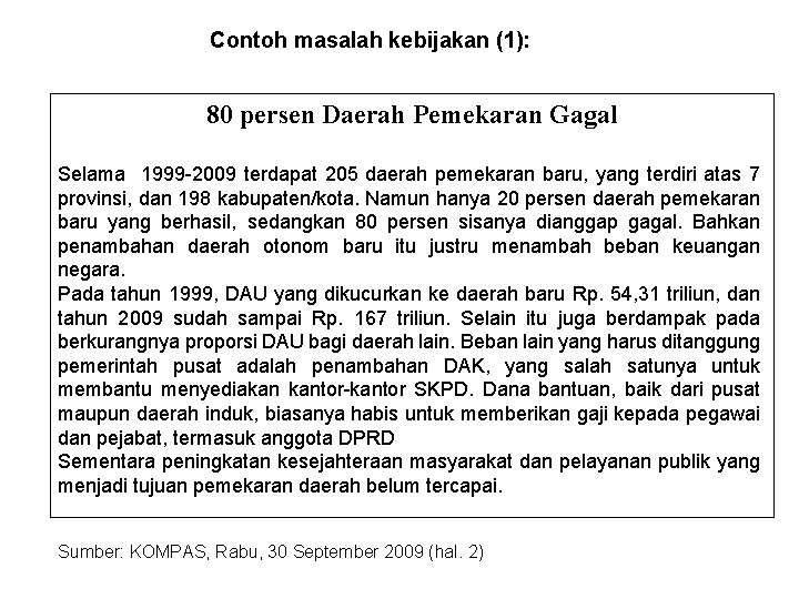 Contoh masalah kebijakan (1): 80 persen Daerah Pemekaran Gagal Selama 1999 -2009 terdapat 205