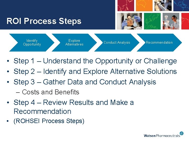 ROI Process Steps Identify Opportunity Explore Alternatives Conduct Analysis Recommendation • Step 1 –