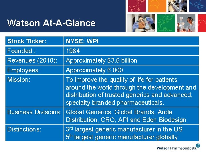 Watson At-A-Glance Stock Ticker: NYSE: WPI Founded : 1984 Revenues (2010): Approximately $3. 6