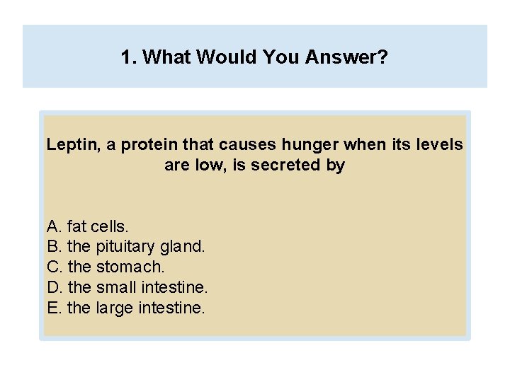 1. What Would You Answer? Leptin, a protein that causes hunger when its levels 1. What Would You Answer? Leptin, a protein that causes hunger when its levels