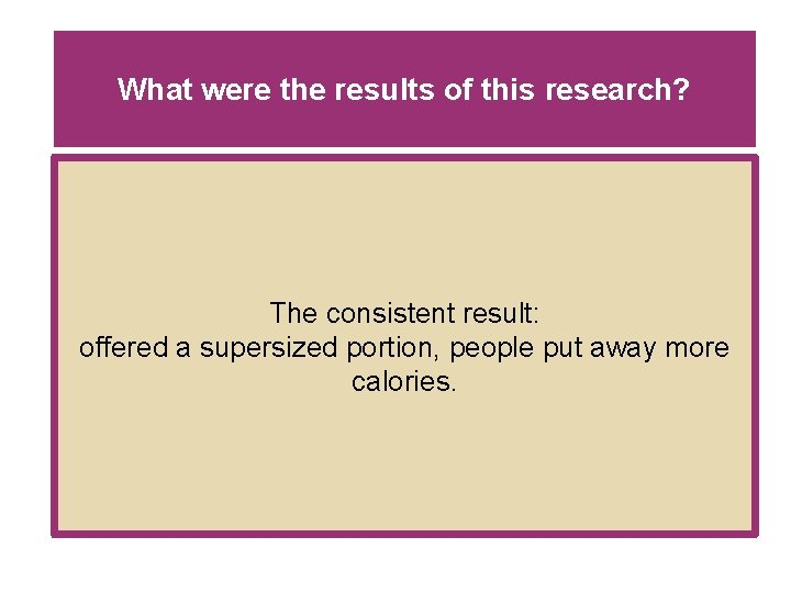 What were the results of this research? The consistent result: offered a supersized portion, What were the results of this research? The consistent result: offered a supersized portion,