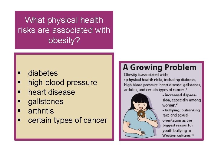 What physical health risks are associated with obesity? § § § diabetes high blood What physical health risks are associated with obesity? § § § diabetes high blood