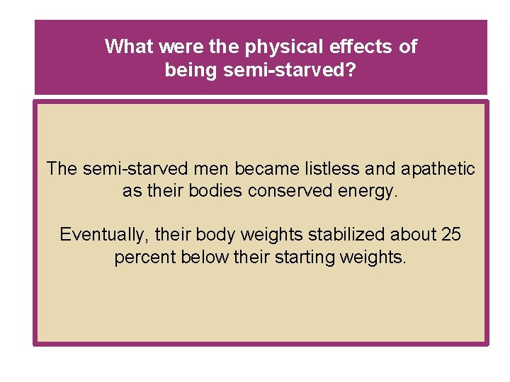 What were the physical effects of being semi-starved? The semi-starved men became listless and