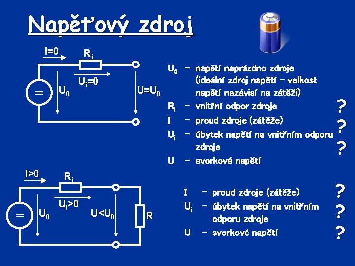 Napěťový zdroj I=0 = I>0 = U 0 Ri U 0 Ui=0 U=U 0