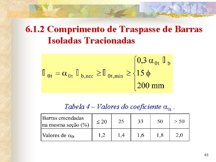 6. 1. 2 Comprimento de Traspasse de Barras Isoladas Tracionadas Tabela 4 – Valores