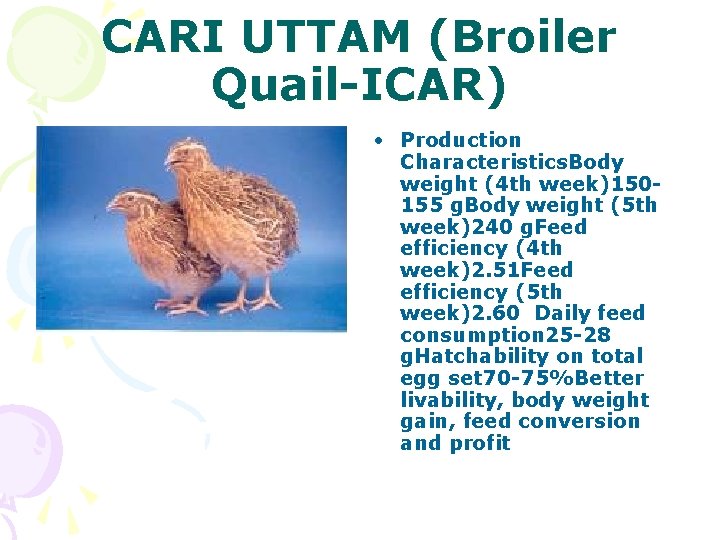 CARI UTTAM (Broiler Quail-ICAR) • Production Characteristics. Body weight (4 th week)150155 g. Body