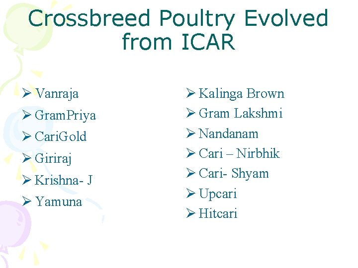 Crossbreed Poultry Evolved from ICAR Ø Vanraja Ø Gram. Priya Ø Cari. Gold Ø