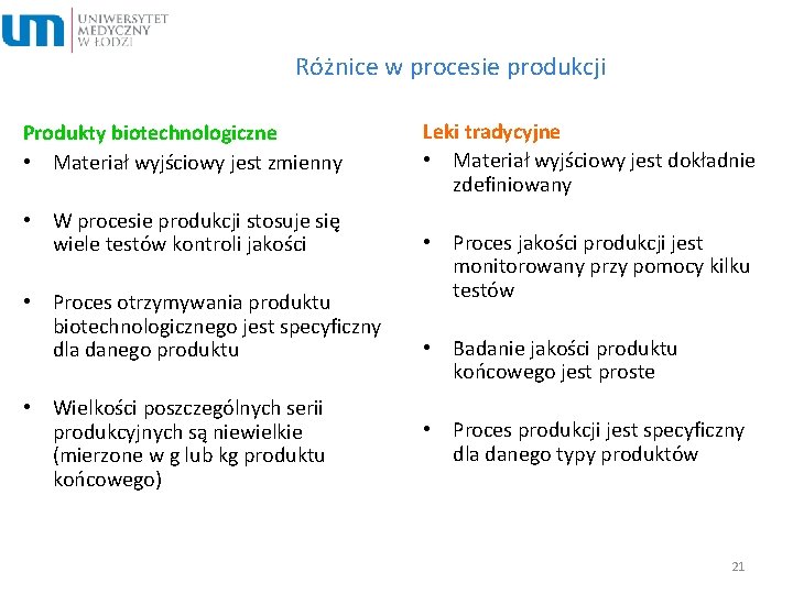 Różnice w procesie produkcji Produkty biotechnologiczne • Materiał wyjściowy jest zmienny • W procesie